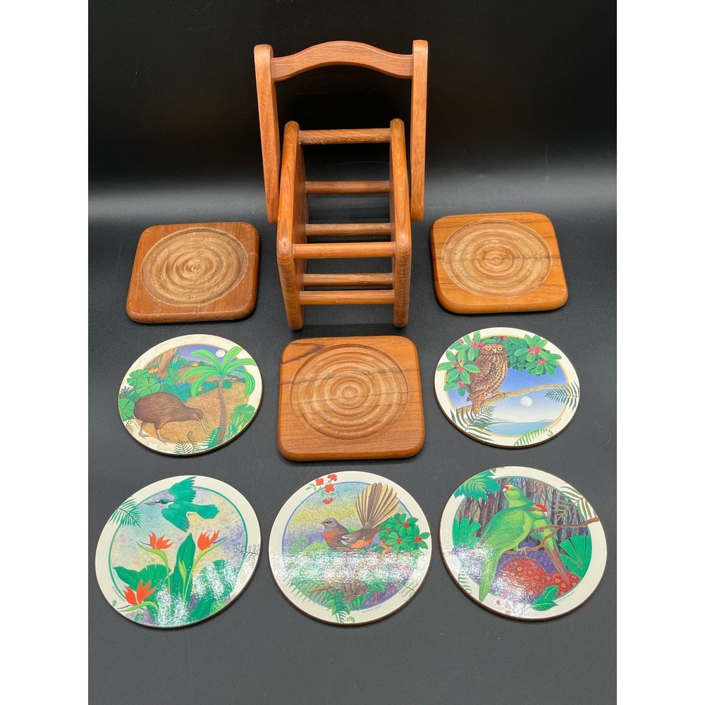 Vtg New Zealand Wood & Bird Coaster Set Wood Holder Kiwi Morepork Parakeet 9pc